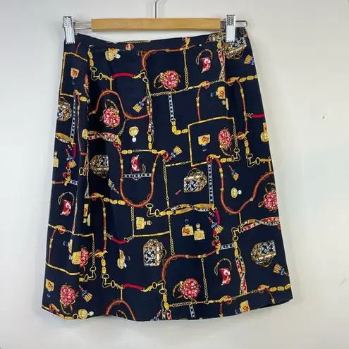 Petite Sophisticate Vintage Y2K Classic Horsebit Chain Ribbon Floral Navy Blue Silk Wrap Skirt 4P 4