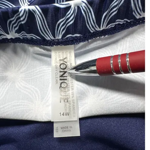 Yonique Swimsuit Set Skirted Bottom Navy White Floral Womens Sz M 14W Tankini Blue