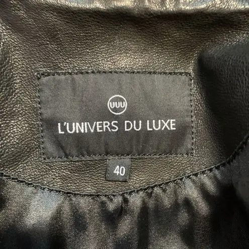 L’Univers Du Luxe Black Leather Longline Trench Coat Zipper Pockets Button Down Black