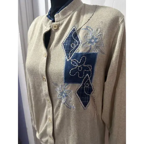 Alfred Dunner Vintage Khaki Embroidered Button Down Cardigan in PM