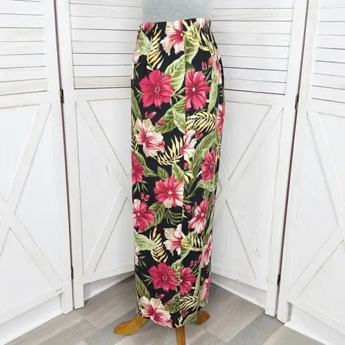 Haggar Vintage Linen Tropical Flower Print Button Front Maxi Skirt Black Pink 8