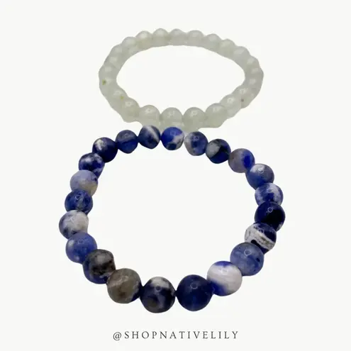 Natural Stone Crystal Stretch Bracelets Lot of 2, Sodalite & Quartz Blue