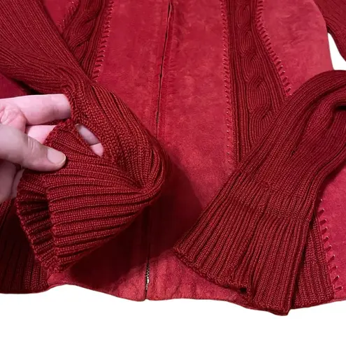 Coldwater Creek Vintage Women's 2X Cable Knit Suede Sweater Jacket Full Zip Red