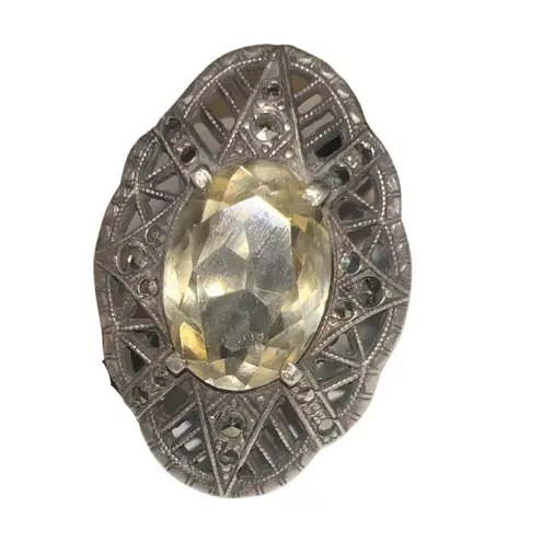Antique Citrine Marcasite Hallmarked Sterling Silver Large Art Deco Estate Ring Yellow