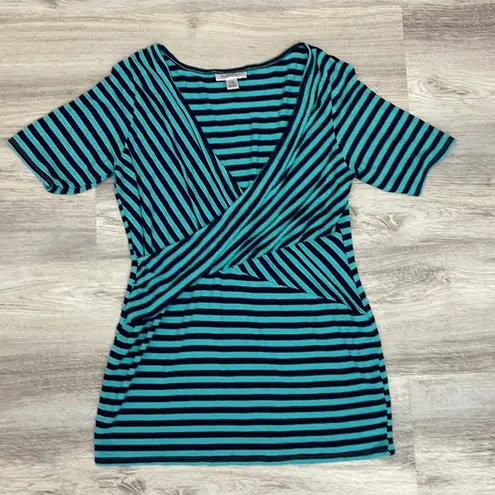 Motherhood Maternity Blue & Green Striped Crossed Front Short Sleeve Top Size XL