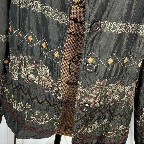 ELCC Vintage Embroidered Taffeta Blazer Jacket Gray Large Button Front