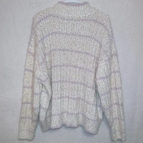 Ophelia Roe Fuzzy Eyelash Knit Cream Purple Glitter Stripe Mock Neck Sweater 1X