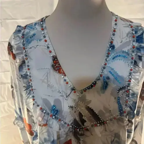 Moda Luxe  Blue and White Floral V-Neck Bishop Sleeve Blouse