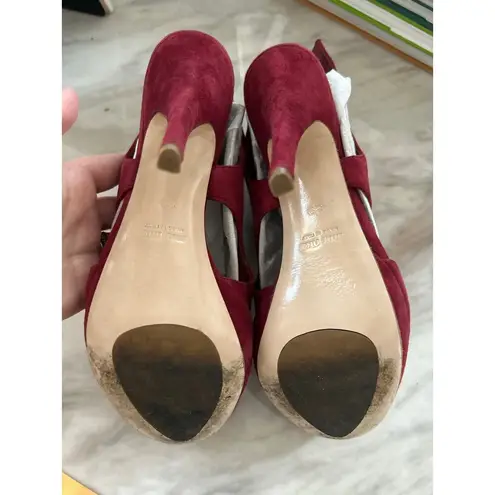 Miu Miu  Red Burgundy Suede Platform Peep Toe Heeled Sandal