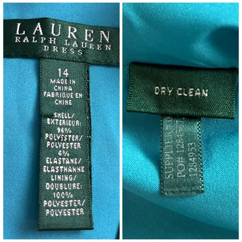 Lauren Ralph Lauren Dress Satin Wrap Top Ruched Teal Paisley Women’s Size 14 Blue