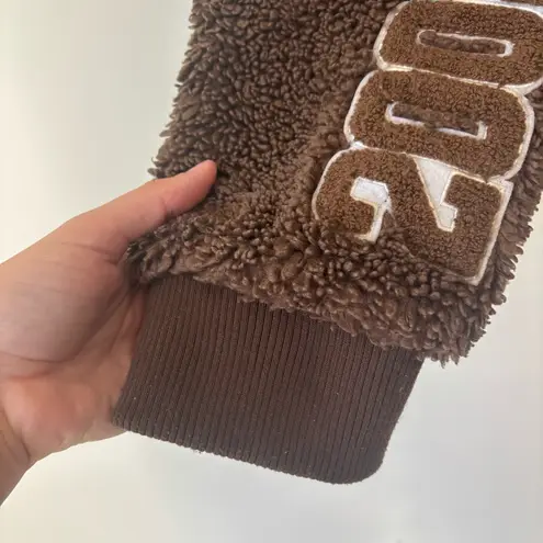 Azalea Wang Ruela Brown Teddy Varsity Bomber Jacket Fleece Sherpa Cropped Size XL