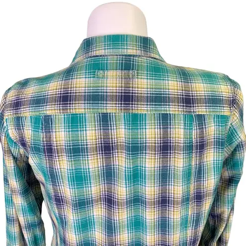 Duluth Trading Co Womens Shirt Top Plaid Button Down Collared Green Blue Large