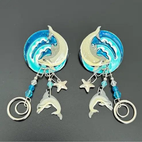 Rare LUNCH At The RITZ Blue Dolphin Dance Dangle Whimsical Earrings 17g.