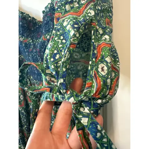 Cara Cara Moroccan Tile Teal Jazzy Midi Dress Size Large Boho Smocked Dress Blue