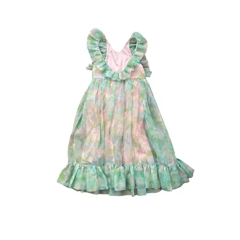 Selkie Maison Amory Ruffle Romance Organza Floral Midi Dress Pink Green Medium