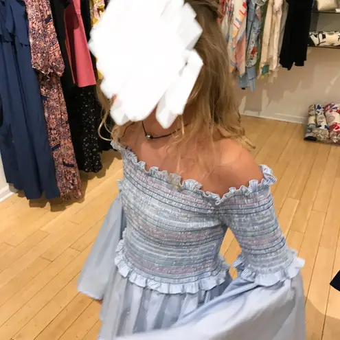 Central Park West Smocked Off the Shoulder Bell Sleeves Top Sz XS Blue White