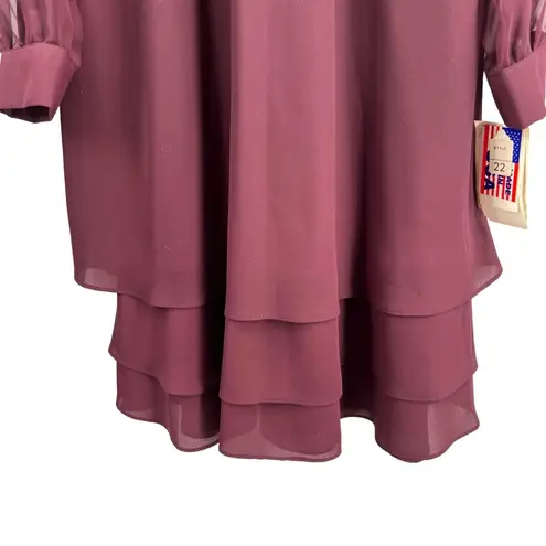 VTG Lady Hampton Nites Wine Chiffon Tiered Dress Sheer Sleeves Sz 22 US Made New Red