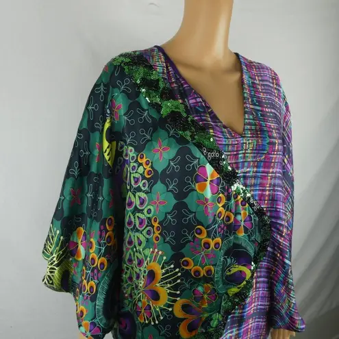 Custo Barcelona  Batwing Silk Abstract Floral Plaid Sequin Dress Colorful Small