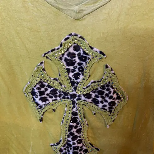 Y2K Lime Green Long Sleeve Top with Cross Leopard Print Design | Size Large Yellow