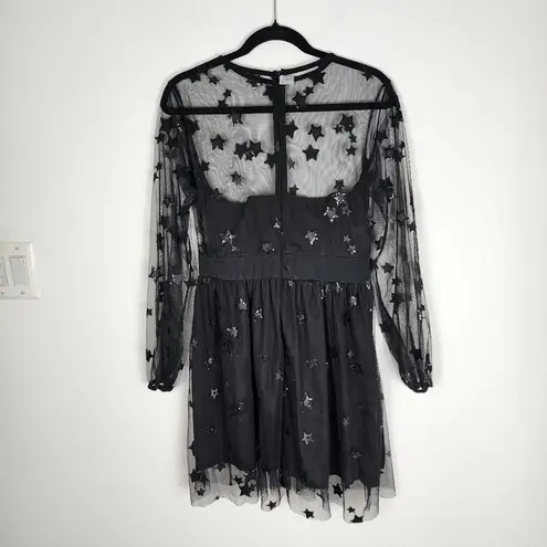 Women Sequin Star Print Black Tulle Dress Mesh See