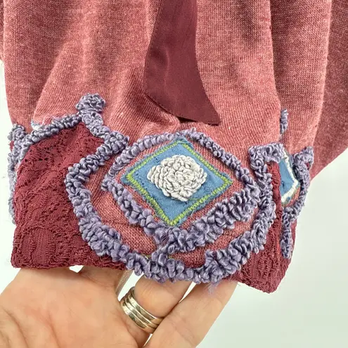 Sacred Threads Poncho Tunic Boho Embroidered Tribal Belted Burgundy Size Small - Image 3