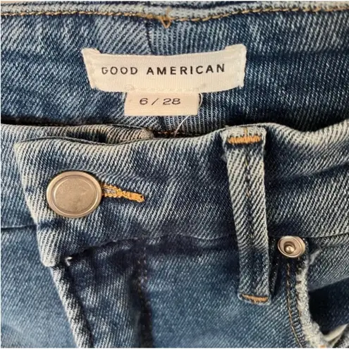 Good American  Cropped Mini Bootcut Jeans Pants Raw Hem Mid Rise Stretch 6 28