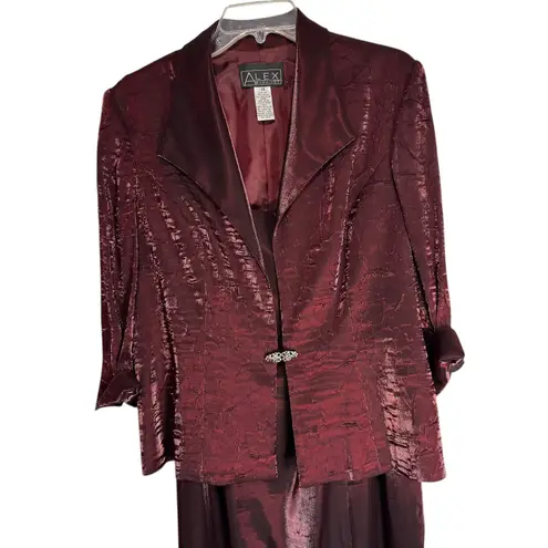 Alex Evenings Women Burgundy Metallic Jacquard 2 Pc Jacket Dress Set Size 14