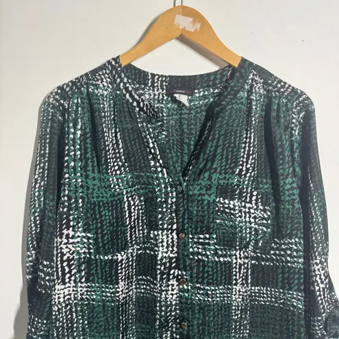 Cocomo Top Women XL Green Black Button Down Blouse Modest Vintage Y2K Career