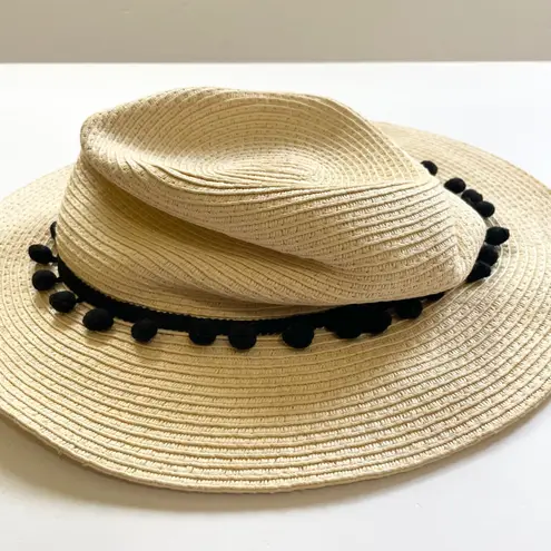 Sole Society Straw Fedora Hat Black Pom Trim Summer Beach Sun Hat One Size