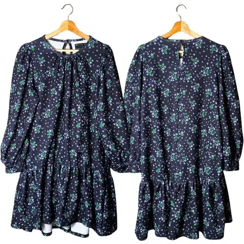 ASOS  Women's Sz 10 Tall Balloon Sleeve Floral Print Ruffle Shift Mini Dress Navy