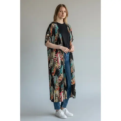 Umgee USA Feather Print Duster Kimono Cardigan Black Multi Color Size Medium