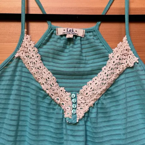 Vintage Y2K Fairy Boho Indie Teal Crochet Lace Sheer Henley Cami Top Size Large Green