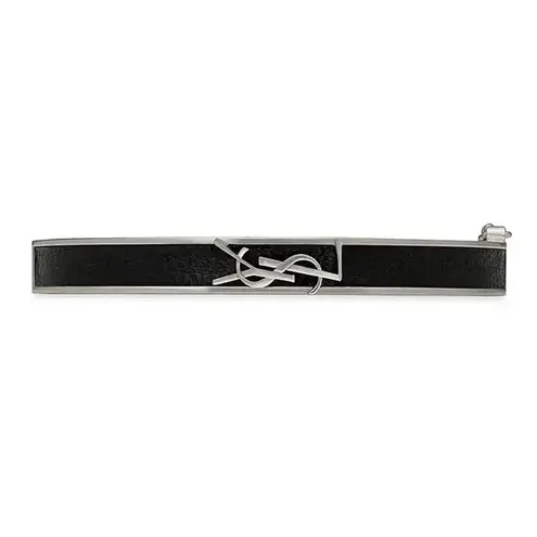 Saint Laurent NWT YSL Cassandre Logo-Plaque Enamel Bracelet Leather Silver Metal