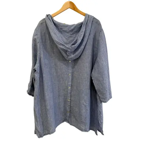 Tahari 100% Linen Hooded Popover Tunic Top Sz 3X Blue V Neck Ocean Swim Coverup