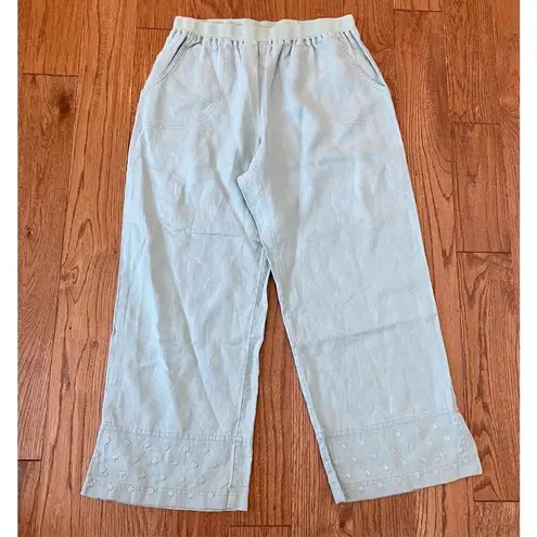 J. Jill 100% linen wide leg embroidered hem pant size small Green