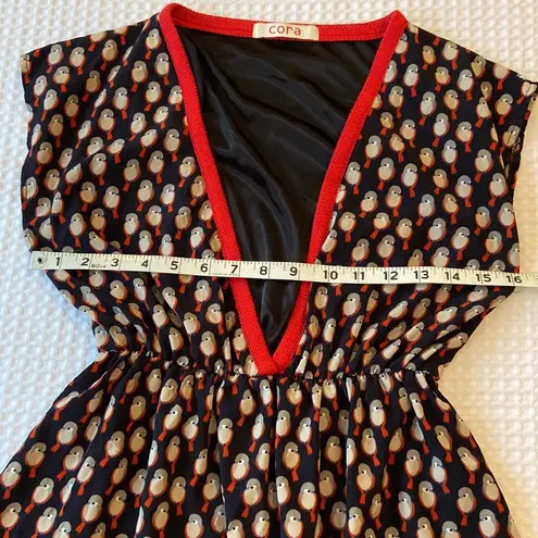 CORA Fit & Flare Deep V Neck Navy Red Bird Dress Size Small Blue