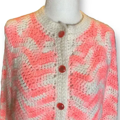 Vintage Hand Knit Chunky Knit Poncho Cape White Light Pastel Pink Zig Zag Stripe