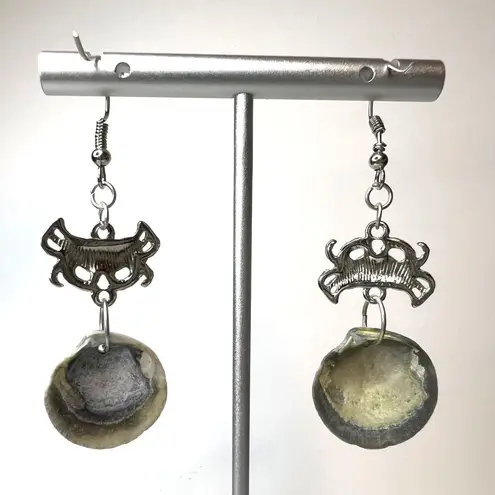 Handmade Dangle Earrings Genuine Handcrafted Seashell Crab Shades of Blue Gray Coastal