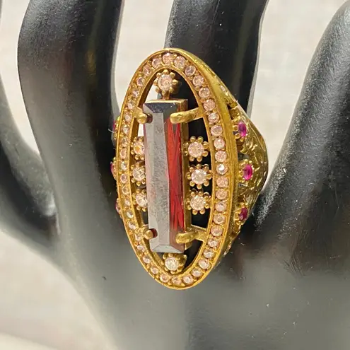 Statement Cocktail Ring Rectangle Red Gemstone Clear Crystal Accents Size 9.25 Gold
