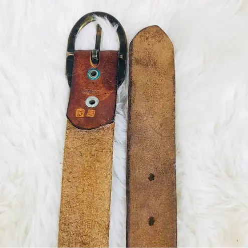 VINTAGE 90s Y2K Brown Tooled Leather Belt Brass Buckle Floral Sz 34 Small Medium