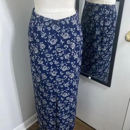 VNTG 90s FLORAL SILK MAXI SKIRT NAVY WITH CREAM FLOWERS PRINTED ALL OVER LINED Blue Size M