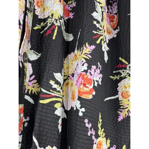 Rebecca Taylor Boquet Black Floral Silk Smocked Neck Long Sleeve Blouse Size S