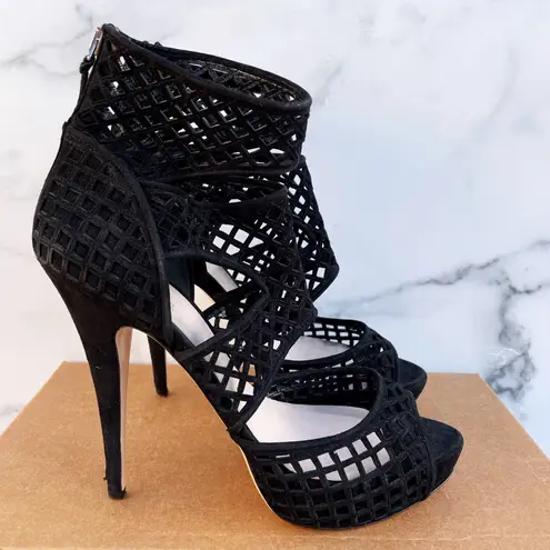 Miu Miu Forma black suede caged cutout platform sandals size IT 39.5