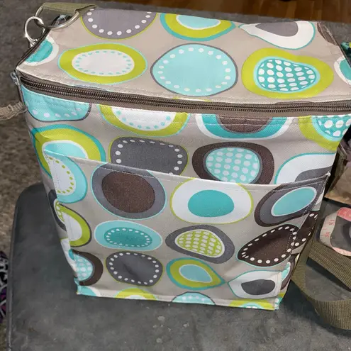 Thirty One Insulated Zip Cooler Picnic Bag Minty Chip Circles Adjustable Strap Brown