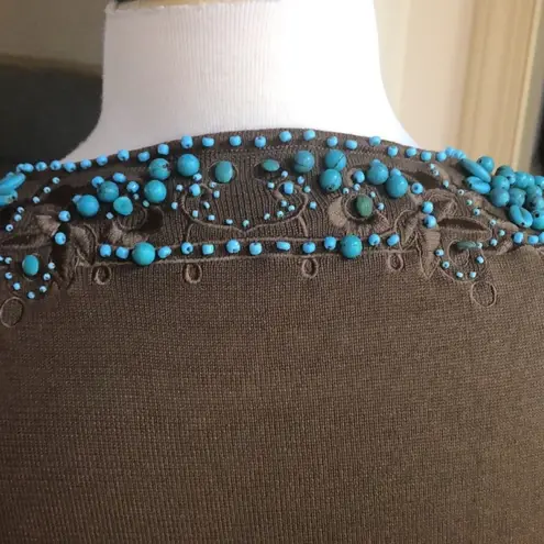 Vintage Boho Votre Nom Brown Top with Turquoise Beading, Excellent Condition Size L