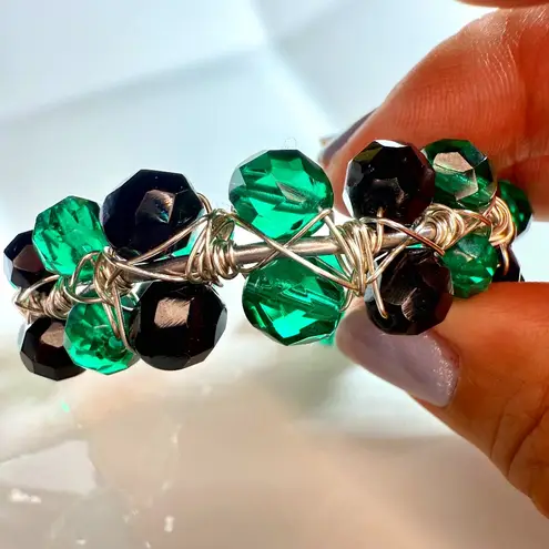 Hand Crafted Green & Black Faceted Beaded Wire Wrapped Open Cuff Bracelet