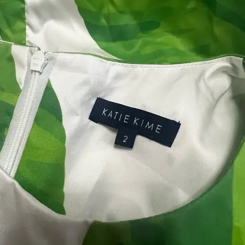KATIE KIME Banana Leaves Tropical Printed White Green Mini Sheath Dress Sz 2