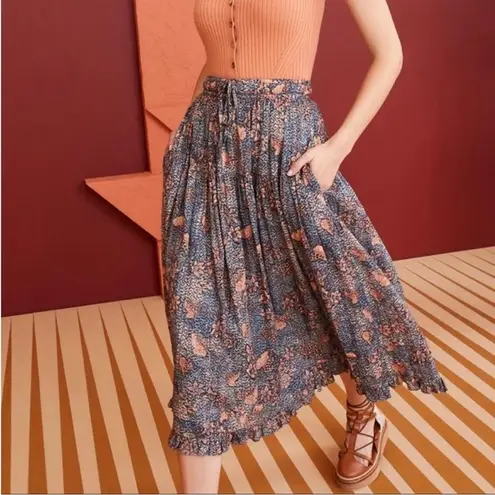 Ulla Johnson Raquel Floral Midi Skirt Women’s Size 6 Blue Ruffle Boho Pockets