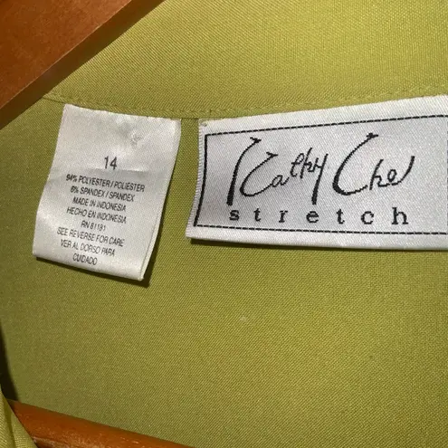 Kathy Che Stretch Vintage Chartreuse Green Button Front Blouse Size 14