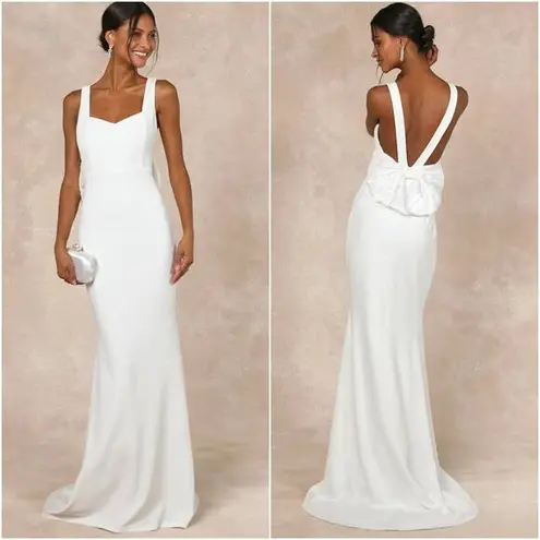 Lulus NWT Romantic Glow White Backless Pearl Bow Wedding Gown Maxi Dress XL